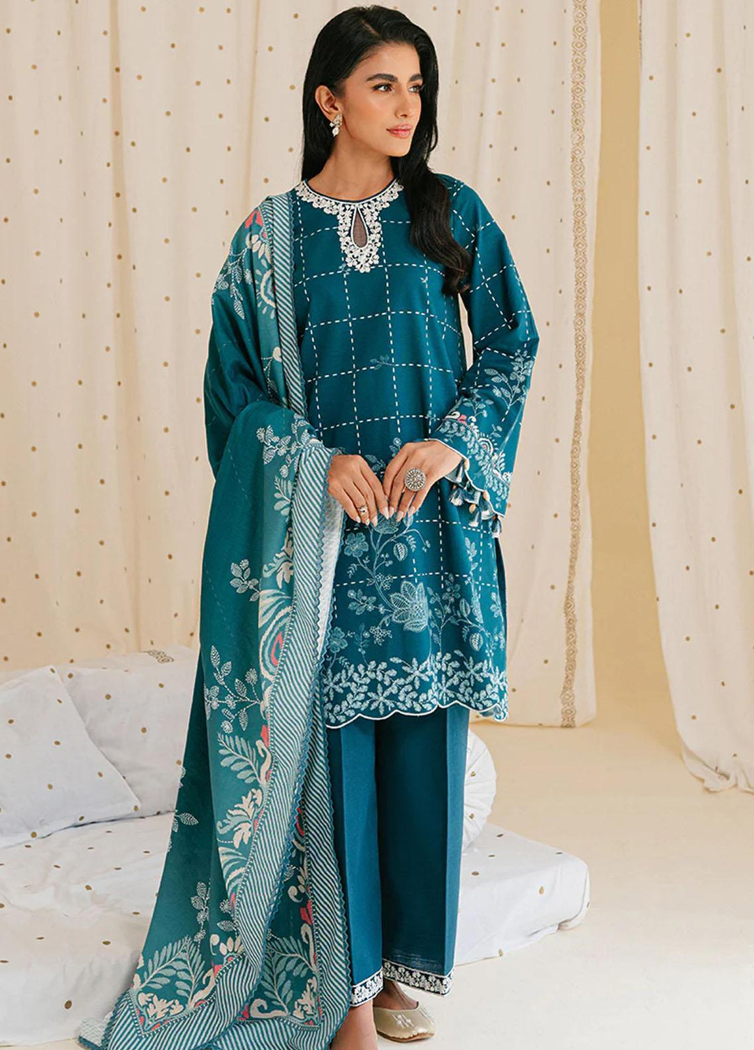 Cross Stitch Embroidered Khaddar Suits Unstitched 3 Piece CS23KL Teal Lattice - Winter Collection