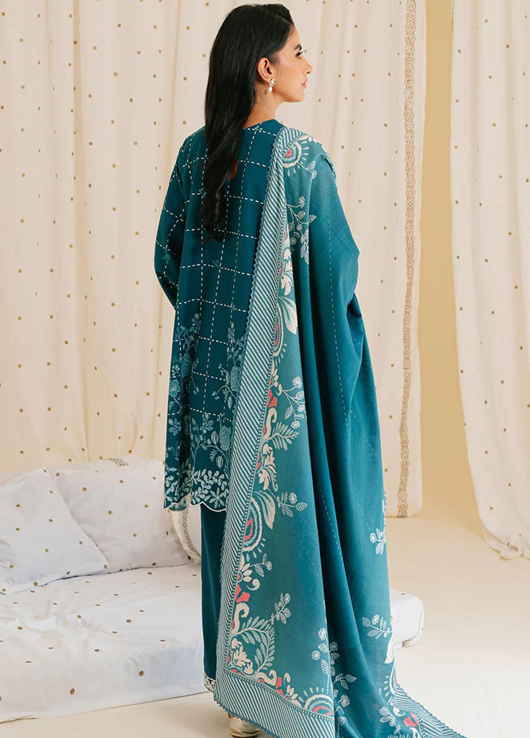 Cross Stitch Embroidered Khaddar Suits Unstitched 3 Piece CS23KL Teal Lattice - Winter Collection