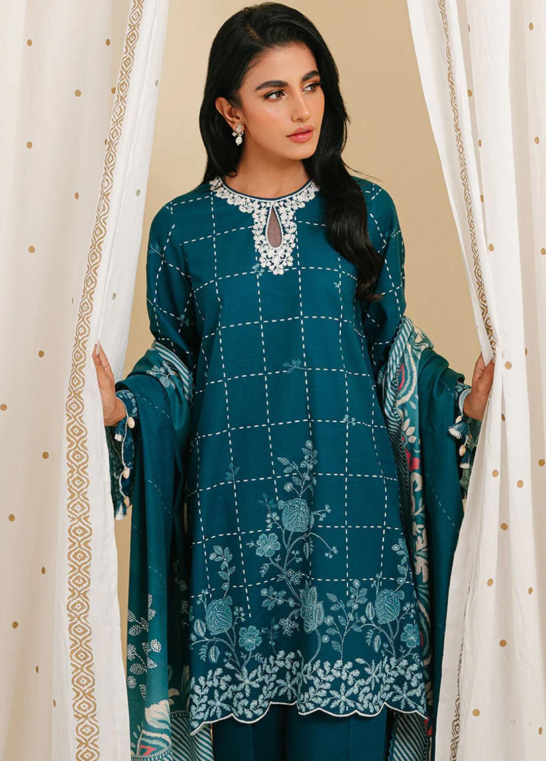 Cross Stitch Embroidered Khaddar Suits Unstitched 3 Piece CS23KL Teal Lattice - Winter Collection