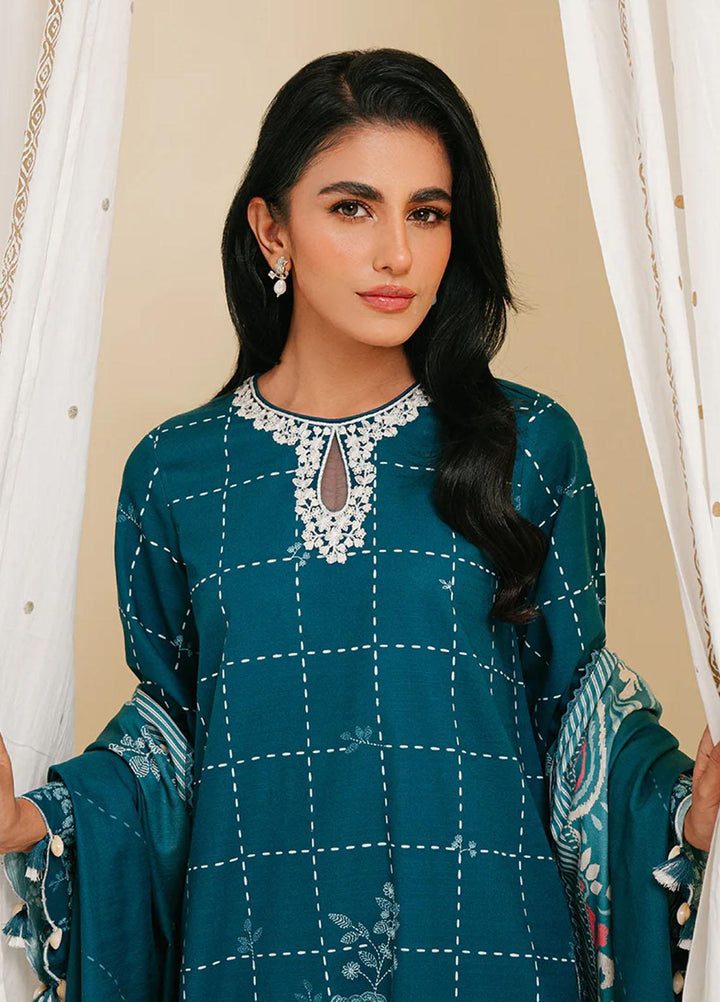 Cross Stitch Embroidered Khaddar Suits Unstitched 3 Piece CS23KL Teal Lattice - Winter Collection