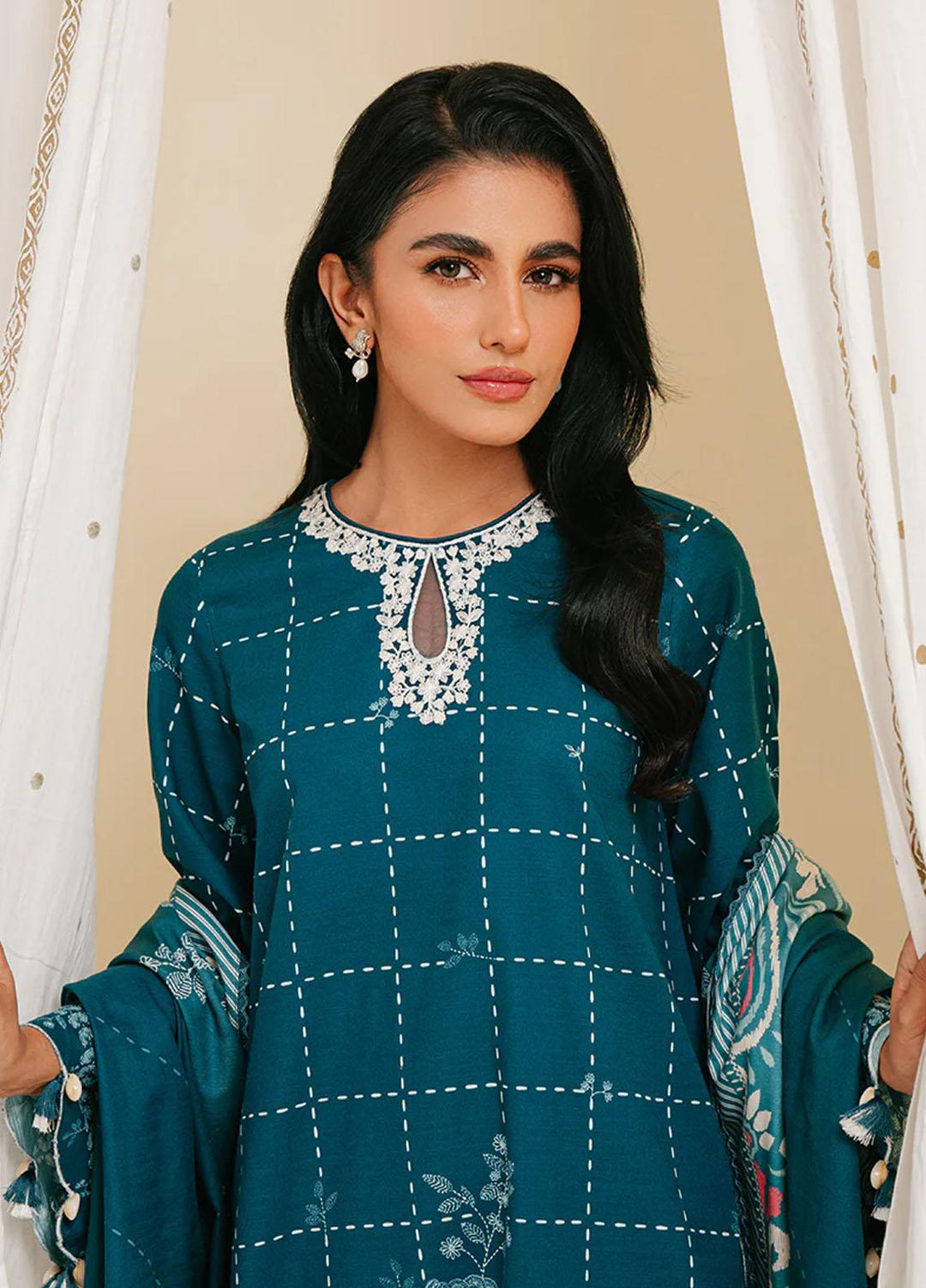 Cross Stitch Embroidered Khaddar Suits Unstitched 3 Piece CS23KL Teal Lattice - Winter Collection