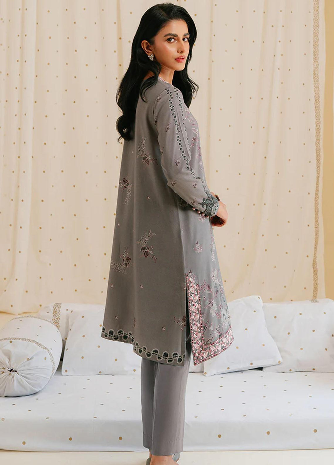 Cross Stitch Embroidered Linen Suits Unstitched 2 Piece CS23KL Charcoal Dust - Winter Collection