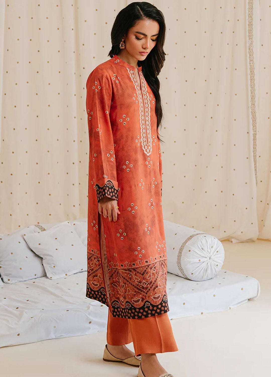 Cross Stitch Embroidered Linen Suits Unstitched 2 Piece CS23KL Amber Brown - Winter Collection