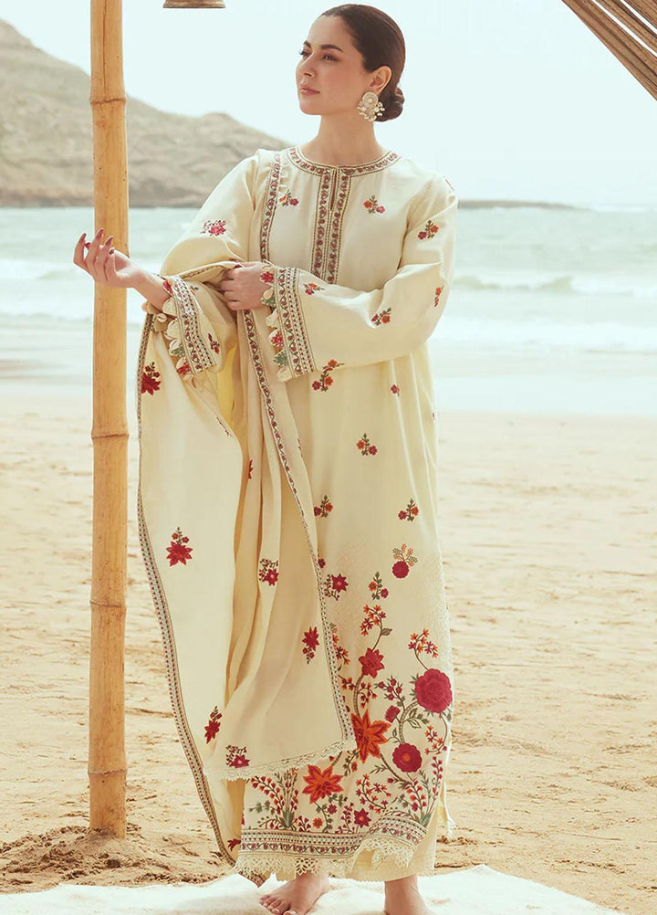 Cross Stitch Embroidered Cotton satin Suits Unstitched 3 Piece CS23CS D-01 Crewel Cream - Premium Collection