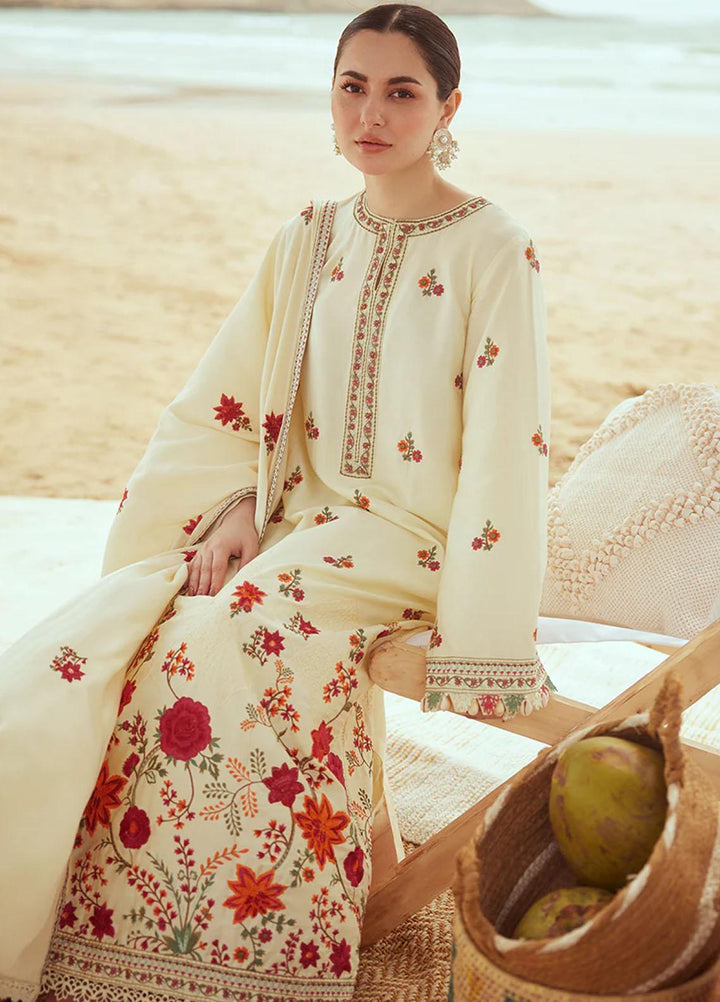 Cross Stitch Embroidered Cotton satin Suits Unstitched 3 Piece CS23CS D-01 Crewel Cream - Premium Collection