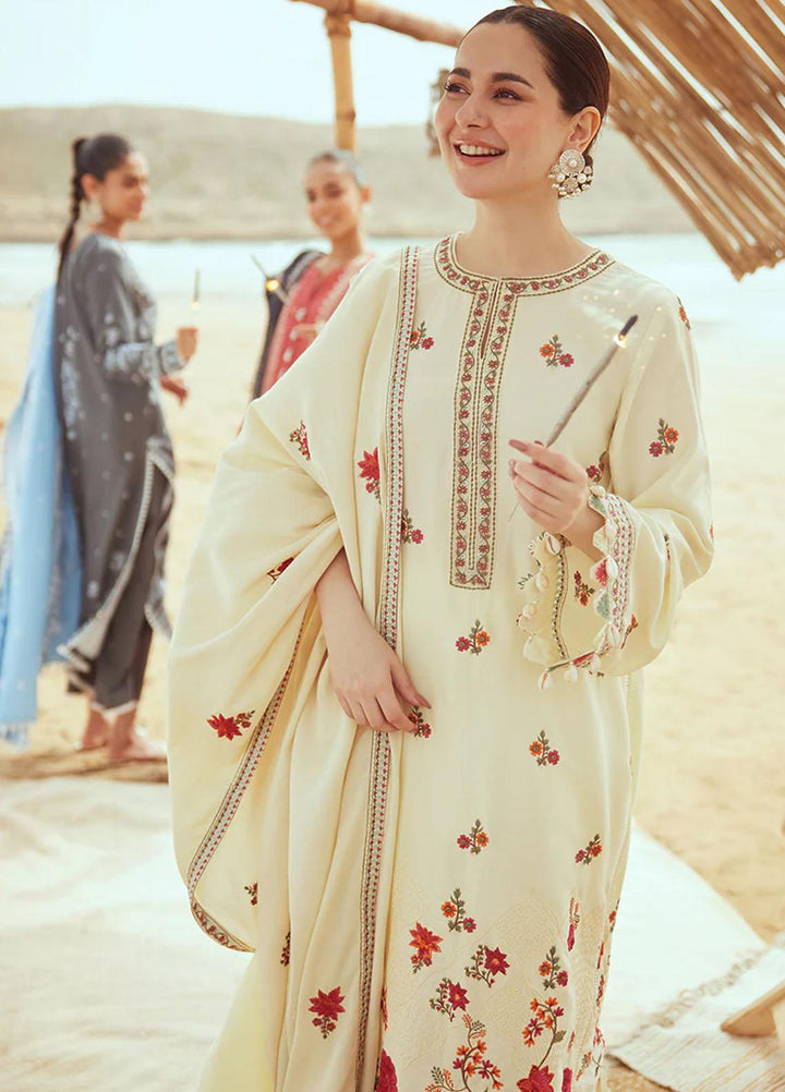 Cross Stitch Embroidered Cotton satin Suits Unstitched 3 Piece CS23CS D-01 Crewel Cream - Premium Collection