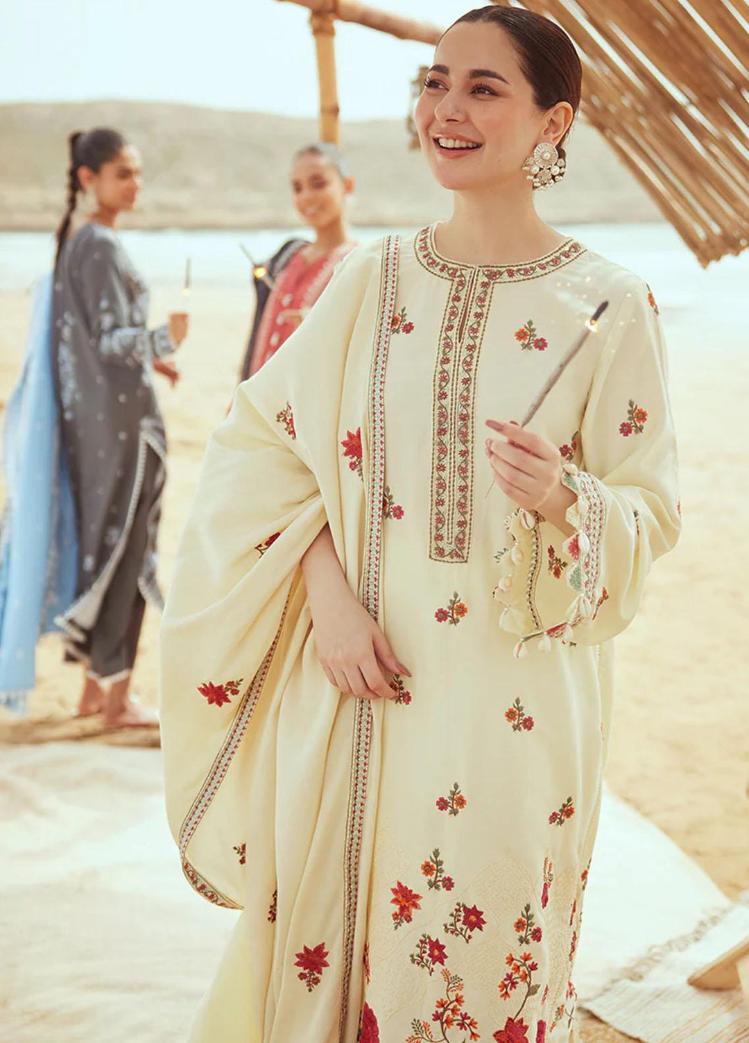 Cross Stitch Embroidered Cotton satin Suits Unstitched 3 Piece CS23CS D-01 Crewel Cream - Premium Collection