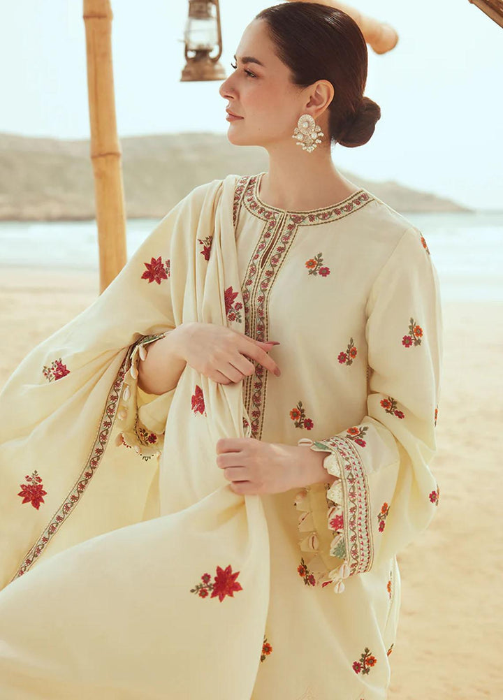 Cross Stitch Embroidered Cotton satin Suits Unstitched 3 Piece CS23CS D-01 Crewel Cream - Premium Collection