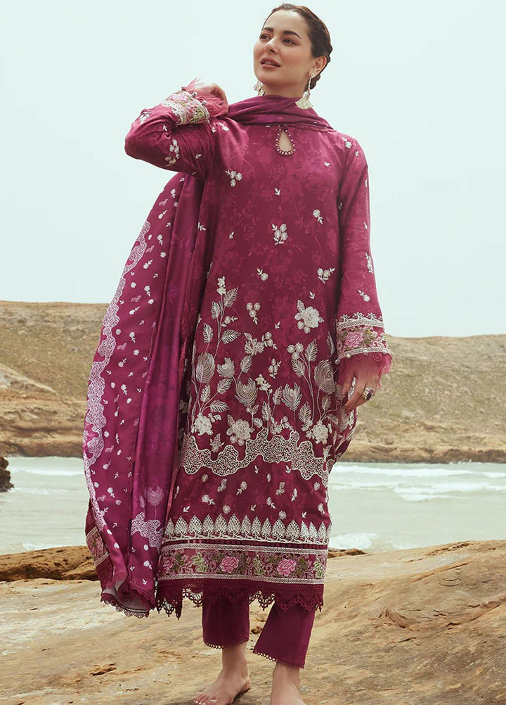 Cross Stitch Embroidered Cotton satin Suits Unstitched 3 Piece CS23CS D-02 Fuchsia Floret - Premium Collection