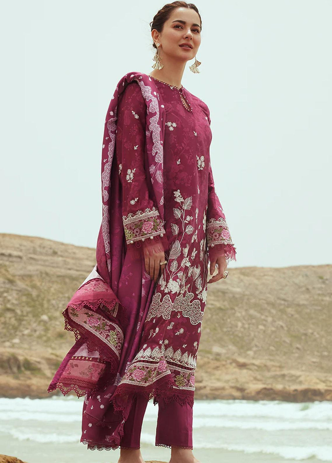 Cross Stitch Embroidered Cotton satin Suits Unstitched 3 Piece CS23CS D-02 Fuchsia Floret - Premium Collection