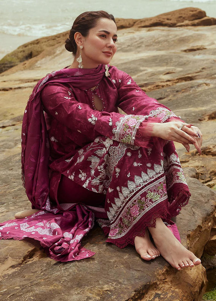 Cross Stitch Embroidered Cotton satin Suits Unstitched 3 Piece CS23CS D-02 Fuchsia Floret - Premium Collection