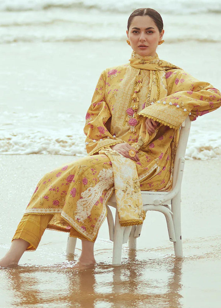 Cross Stitch Embroidered Cotton satin Suits Unstitched 3 Piece CS23CS D-06 Blooming Gold - Premium Collection