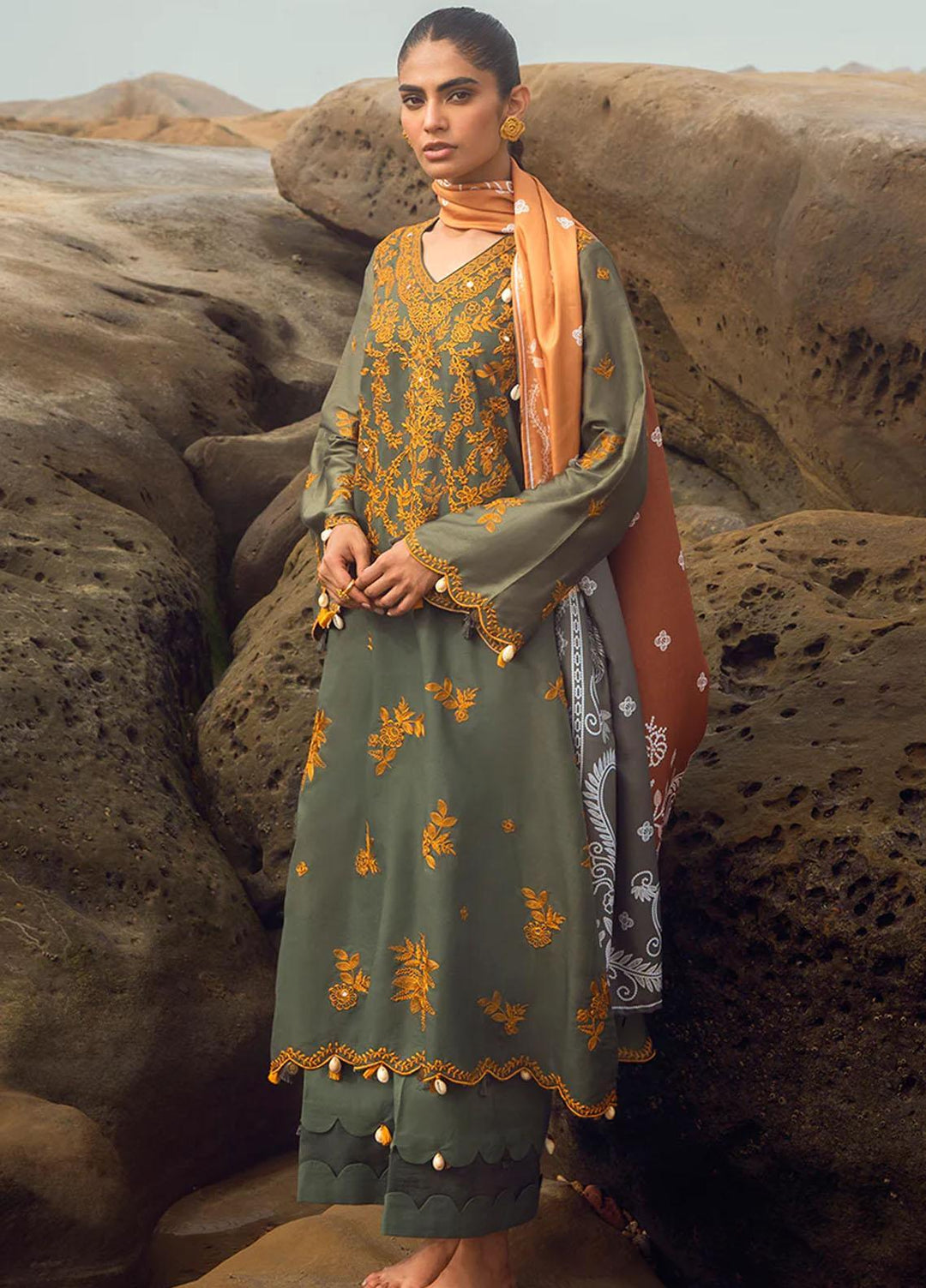 Cross Stitch Embroidered Cotton satin Suits Unstitched 3 Piece CS23CS D-08 Smokey Flair - Premium Collection