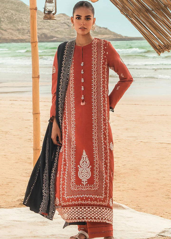 Cross Stitch Embroidered Cotton satin Suits Unstitched 3 Piece CS23CS D-09 Tangerine Glow - Premium Collection