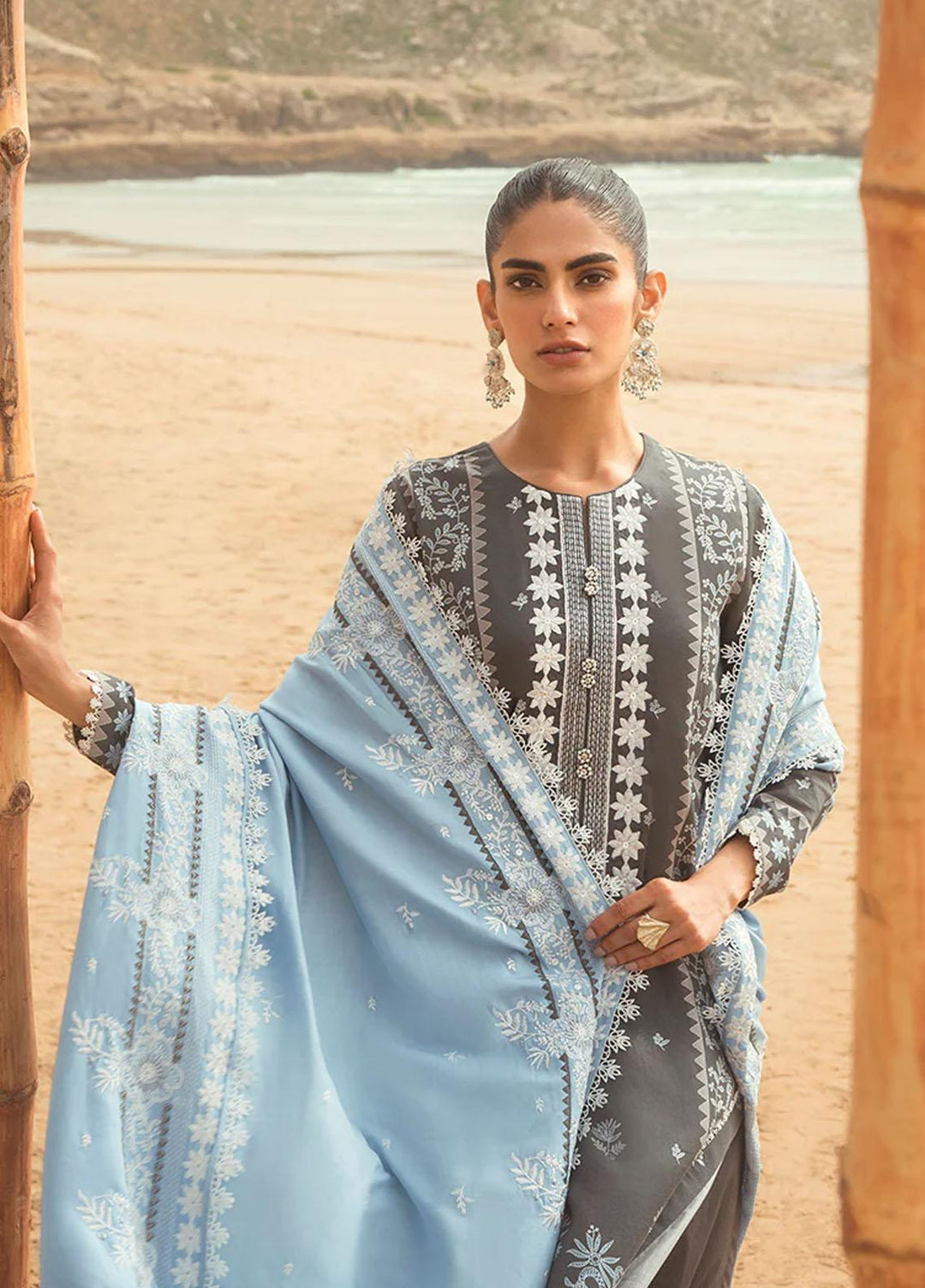 Cross Stitch Embroidered Cotton satin Suits Unstitched 3 Piece CS23CS D-10 Cerulean Sere - Premium Collection