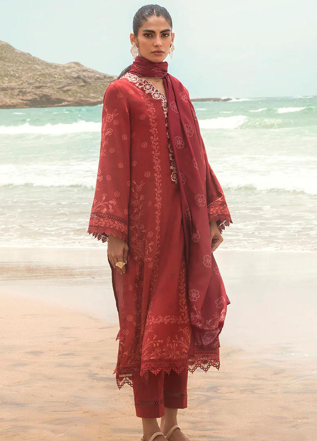Cross Stitch Embroidered Cotton satin Suits Unstitched 3 Piece CS23CS D-16 Roisin Garnet - Premium Collection