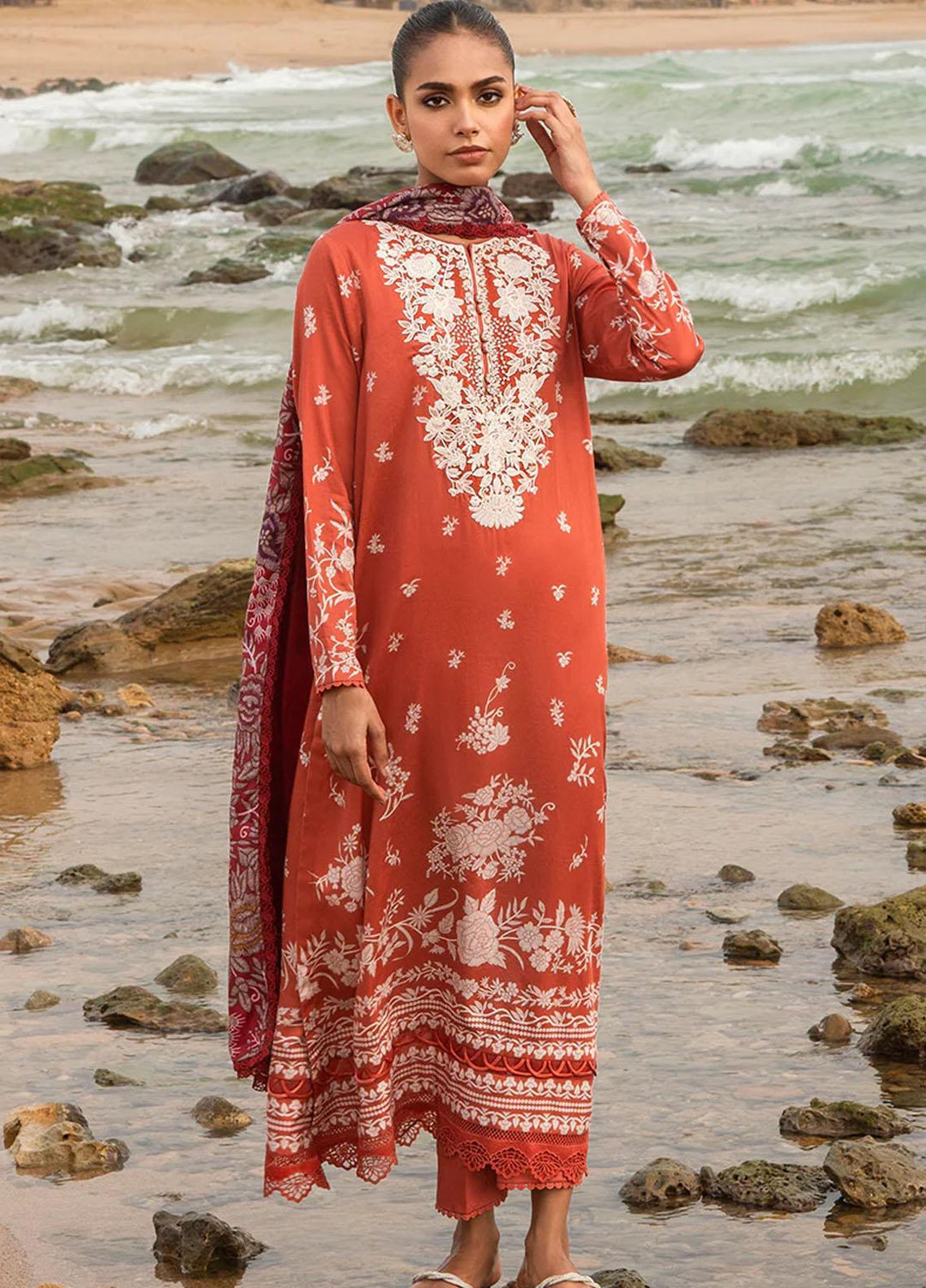 Cross Stitch Embroidered Cotton satin Suits Unstitched 3 Piece CS23CS D-18 Sand Stone - Premium Collection
