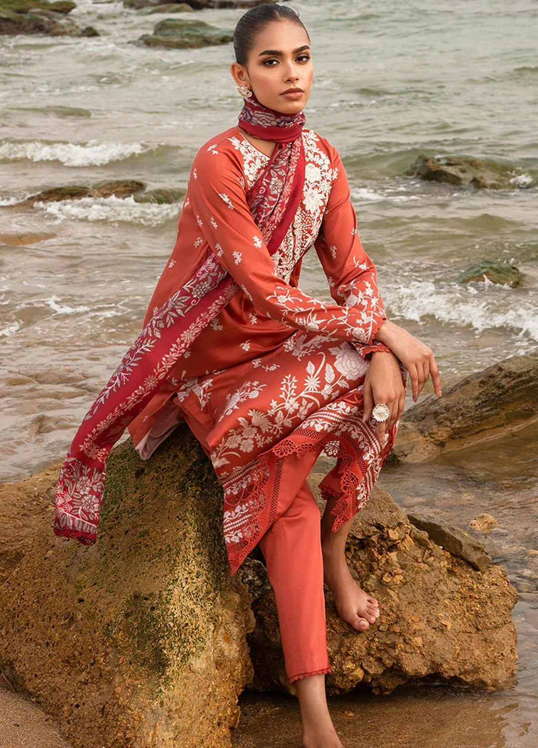 Cross Stitch Embroidered Cotton satin Suits Unstitched 3 Piece CS23CS D-18 Sand Stone - Premium Collection