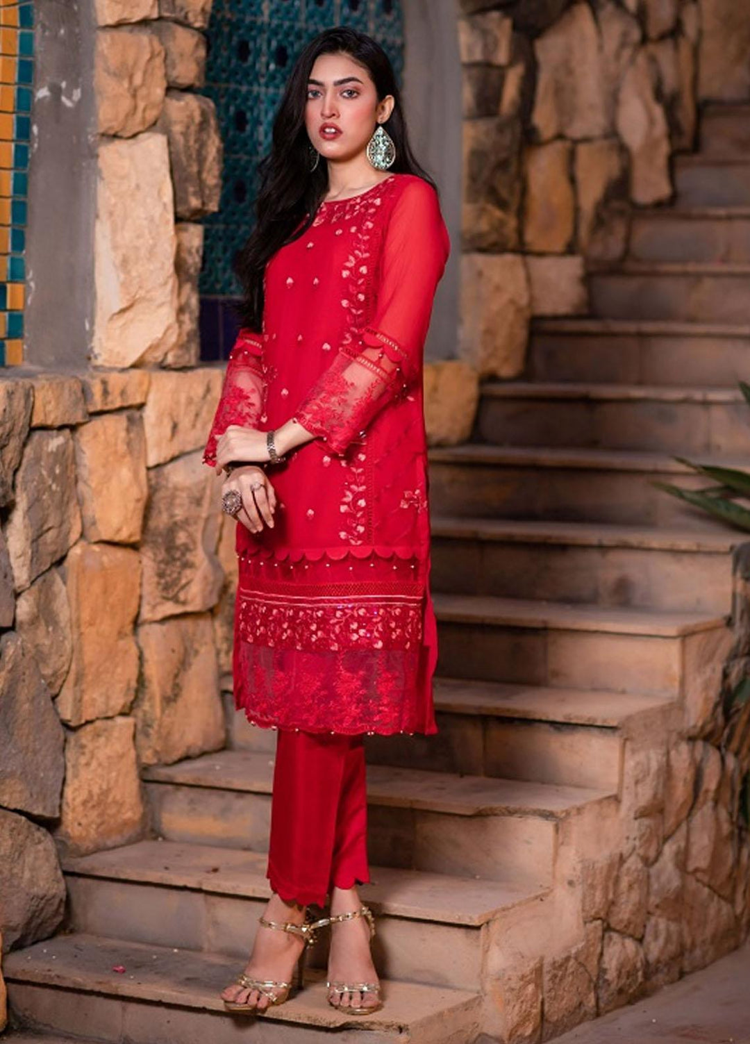 Cyanic Embroidered Chiffon  Unstitched Kurties CYN22U UN-16 Rubi - Festive Collection