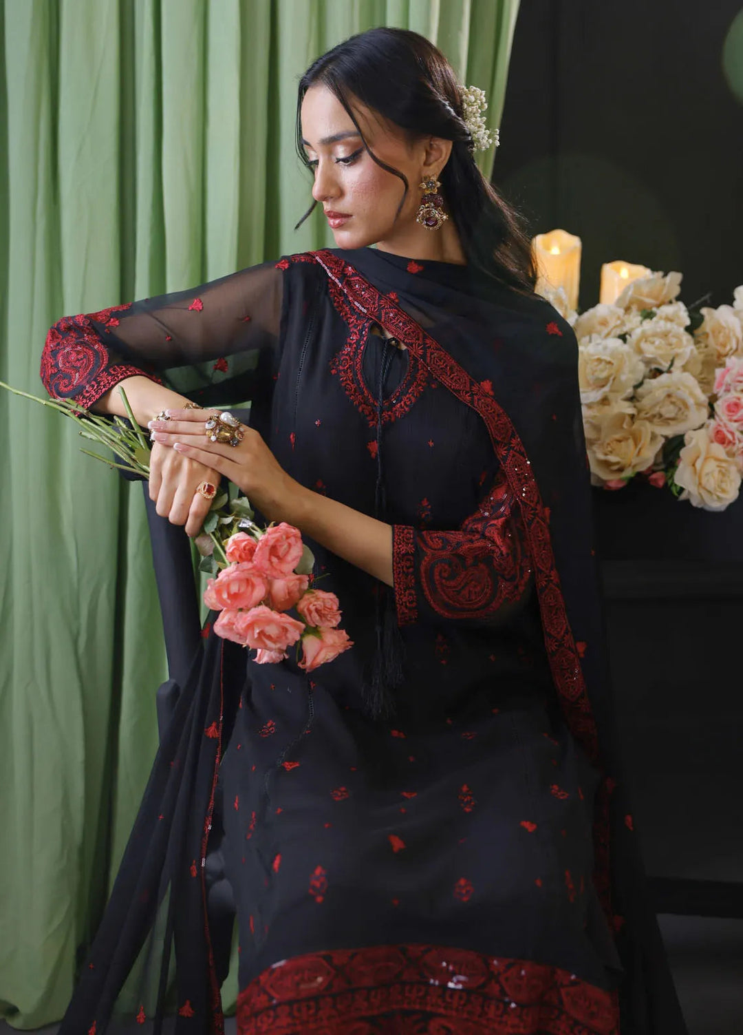 Cyanic Pret Embroidered Chiffon 3 Piece Suit Black Muse