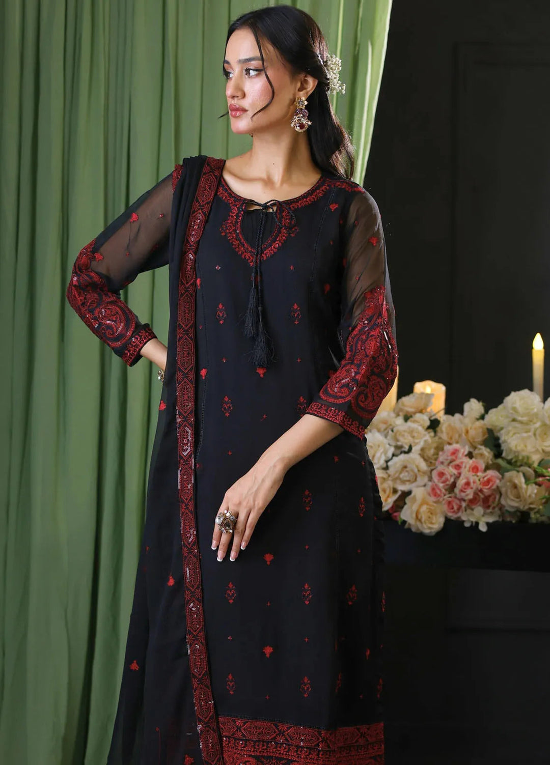 Cyanic Pret Embroidered Chiffon 3 Piece Suit Black Muse