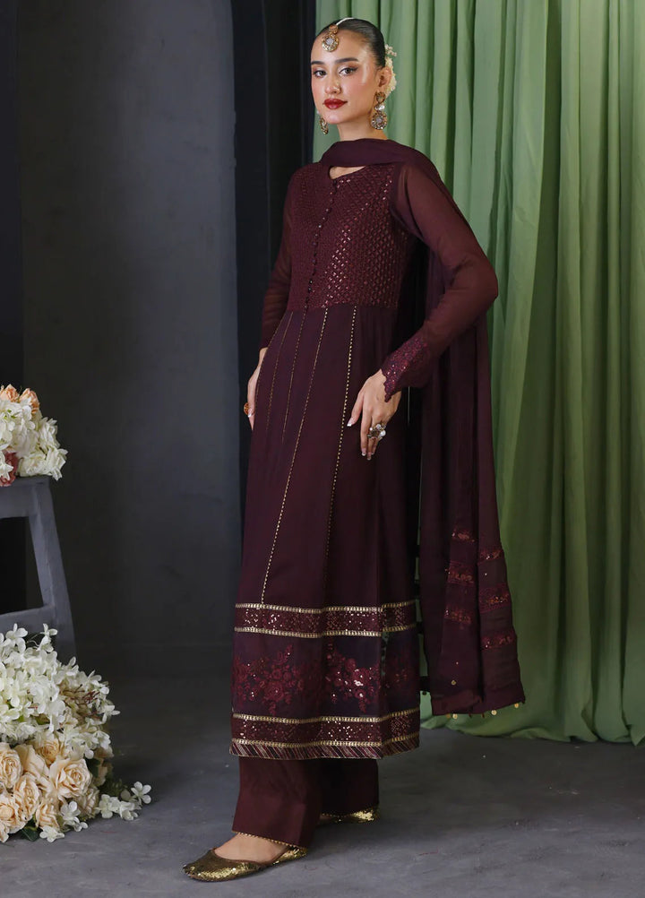 Cyanic Pret Embroidered Chiffon 3 Piece Suit Burgundy - Dark Plum