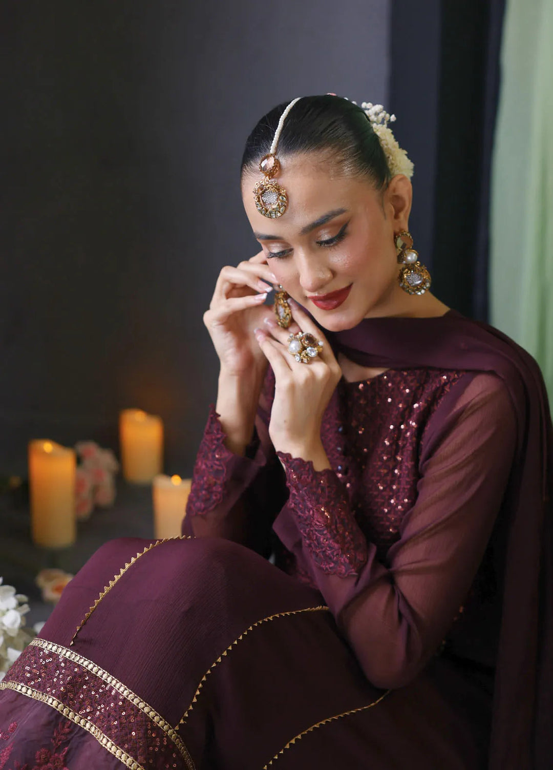 Cyanic Pret Embroidered Chiffon 3 Piece Suit Burgundy - Dark Plum