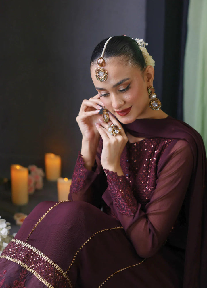 Cyanic Pret Embroidered Chiffon 3 Piece Suit Burgundy - Dark Plum