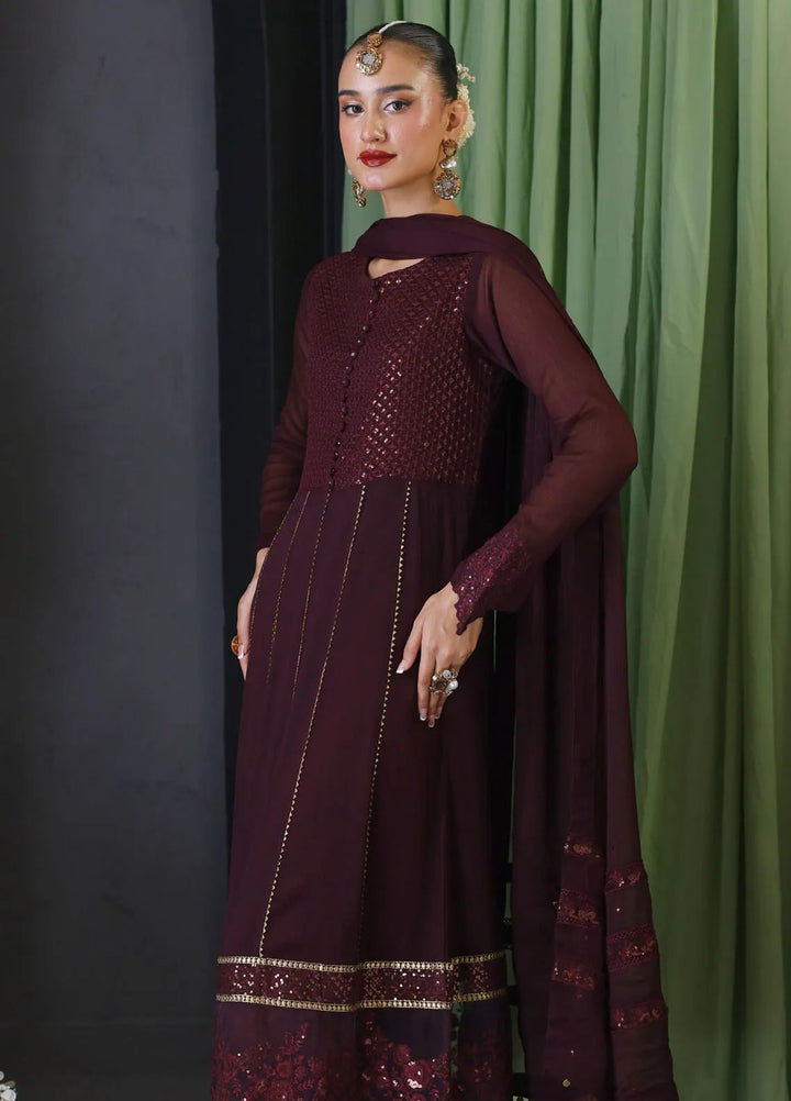 Cyanic Pret Embroidered Chiffon 3 Piece Suit Burgundy - Dark Plum