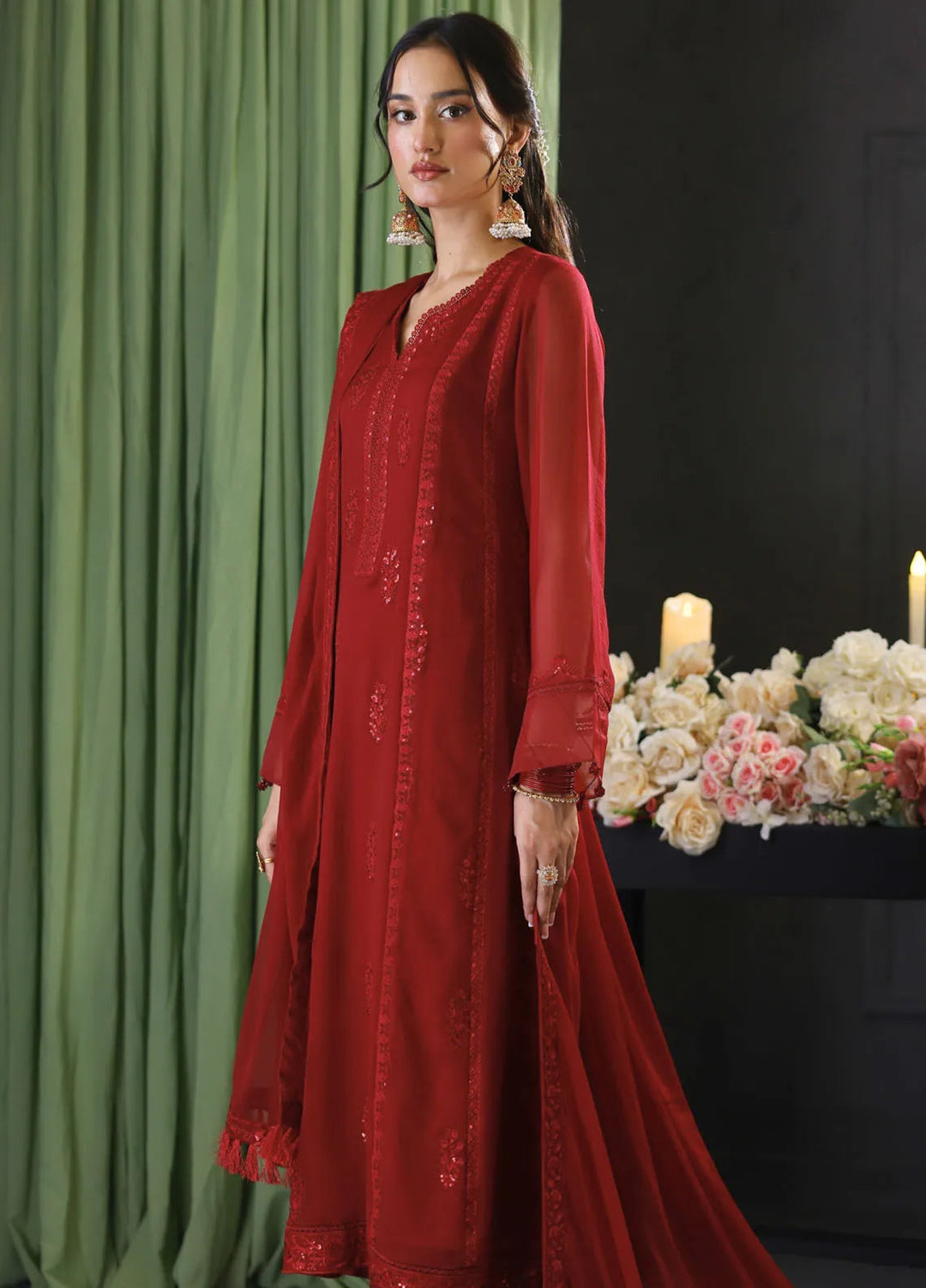 Cyanic Pret Embroidered Chiffon 3 Piece Suit Cherry Red