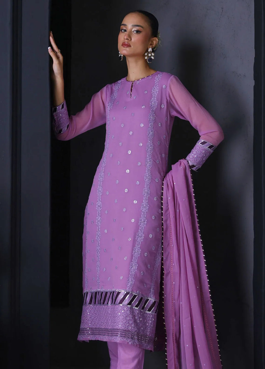 Cyanic Pret Embroidered Chiffon 3 Piece Suit Lavender