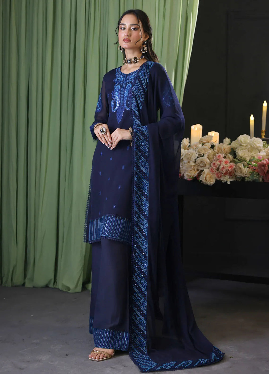Cyanic Pret Embroidered Chiffon 3 Piece Suit Neon Navy