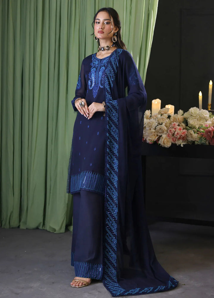 Cyanic Pret Embroidered Chiffon 3 Piece Suit Neon Navy