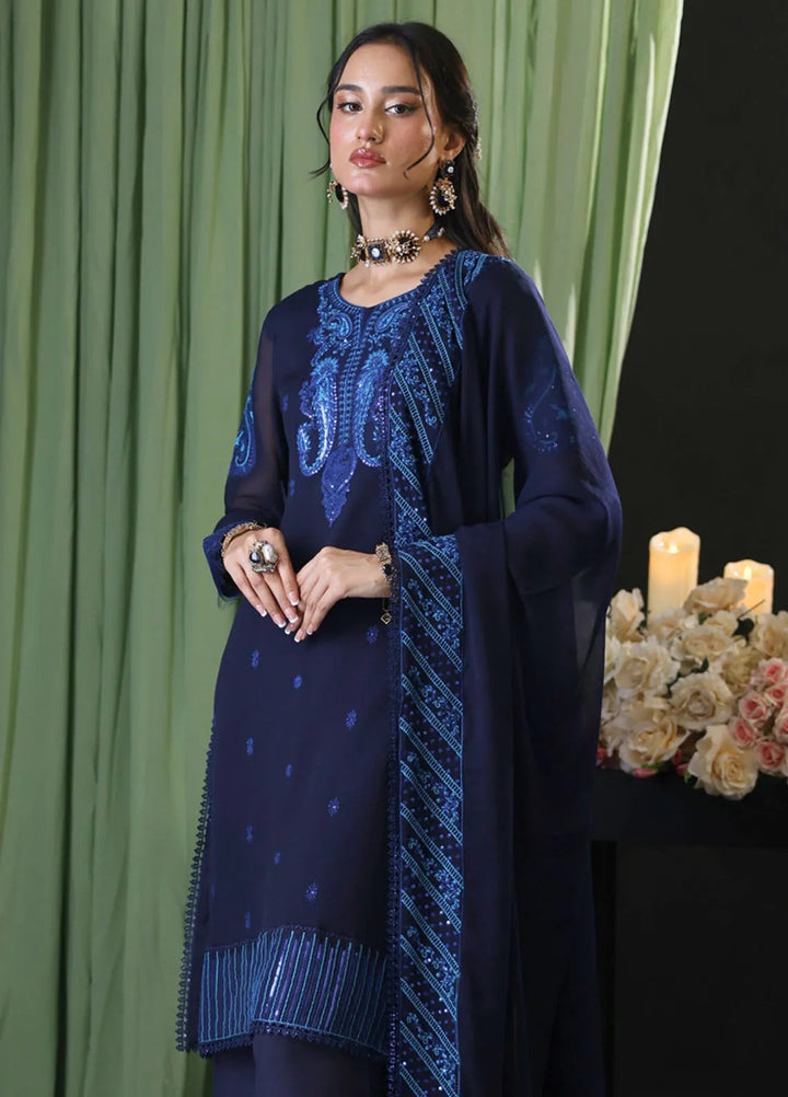Cyanic Pret Embroidered Chiffon 3 Piece Suit Neon Navy