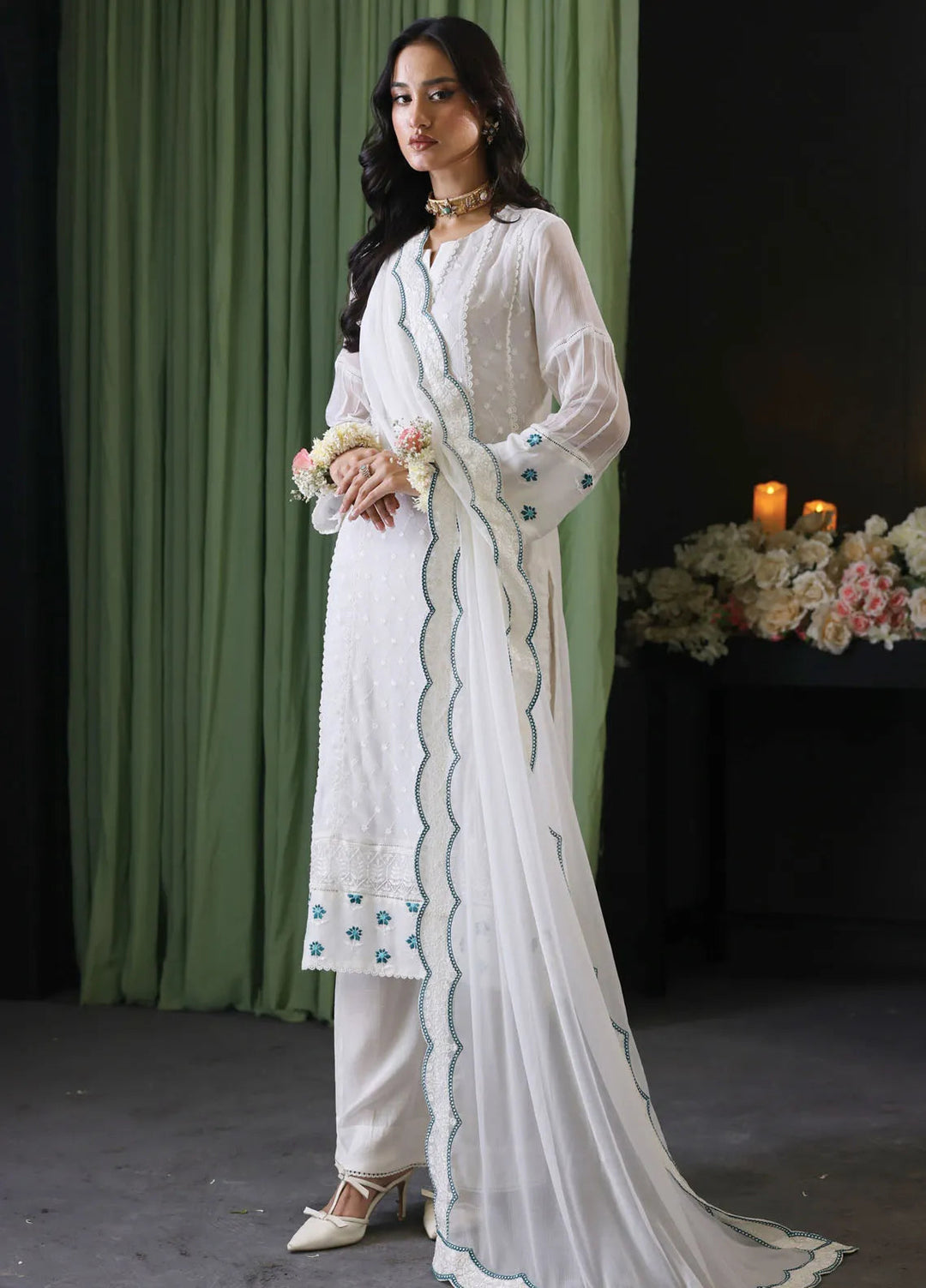 Cyanic Pret Embroidered Chiffon 3 Piece Suit White Muse