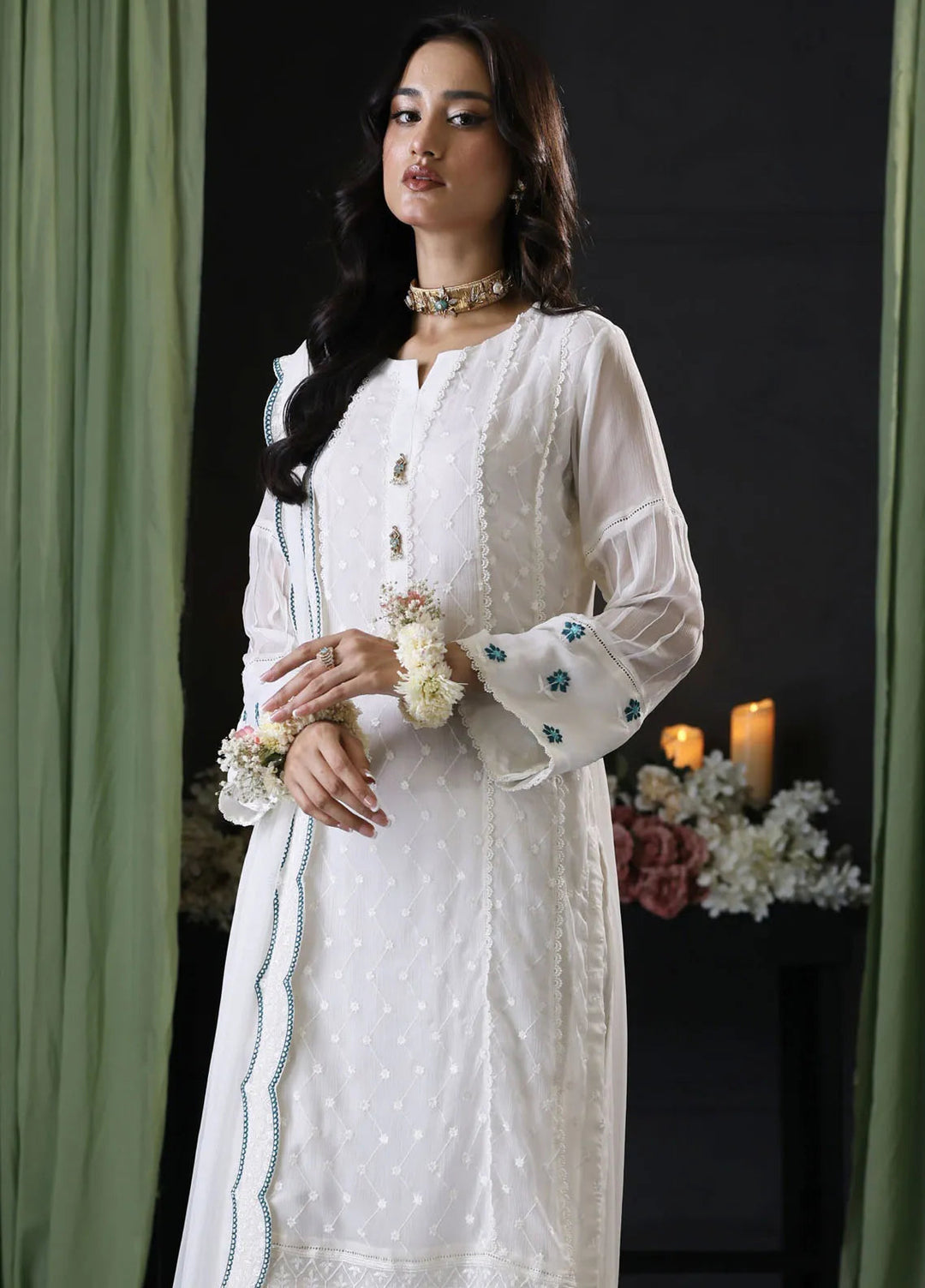 Cyanic Pret Embroidered Chiffon 3 Piece Suit White Muse