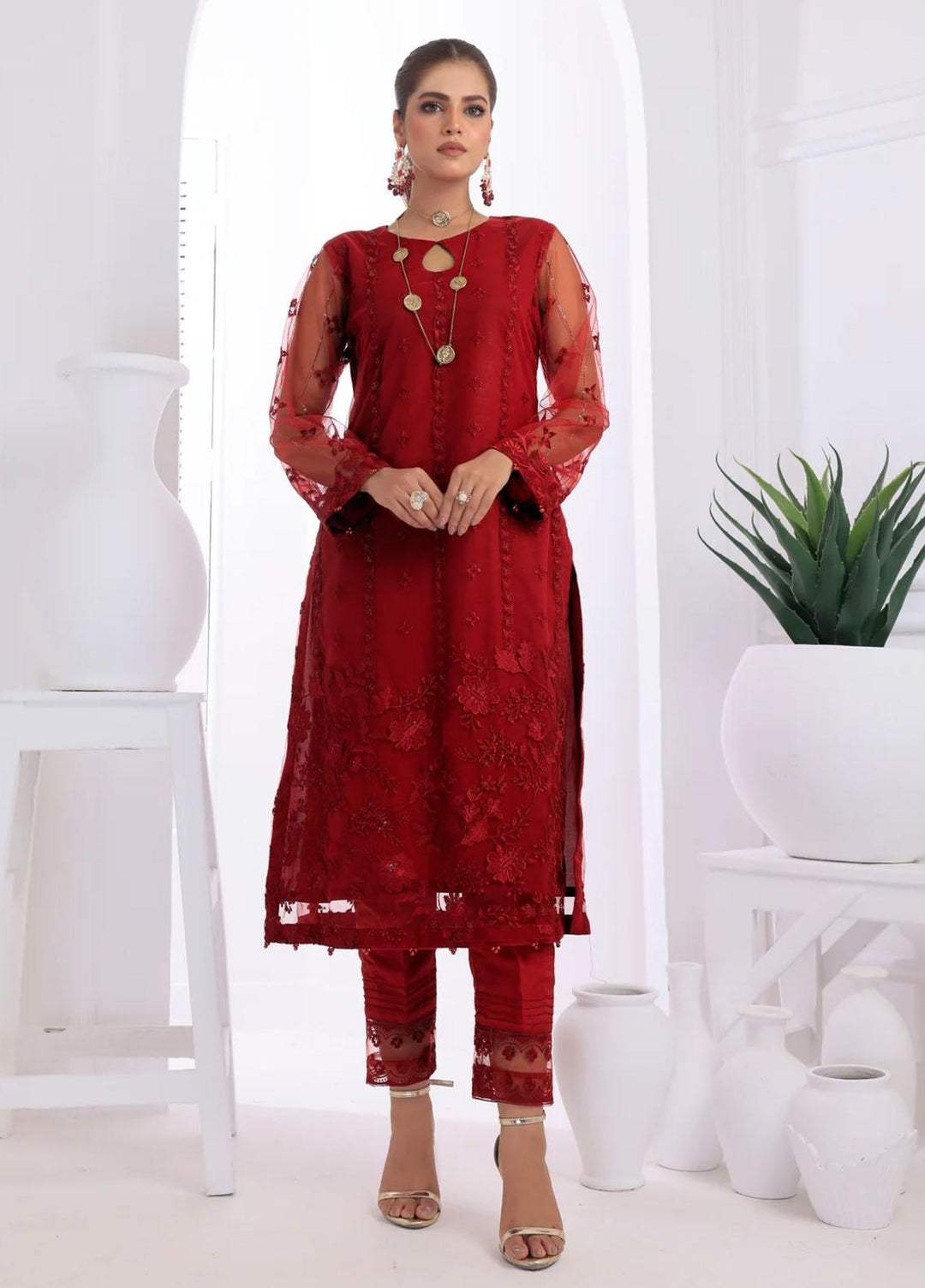 Cyanic Embroidered Net Suits Unstitched 2 Piece CYN23L Scarlet - Festive Collection