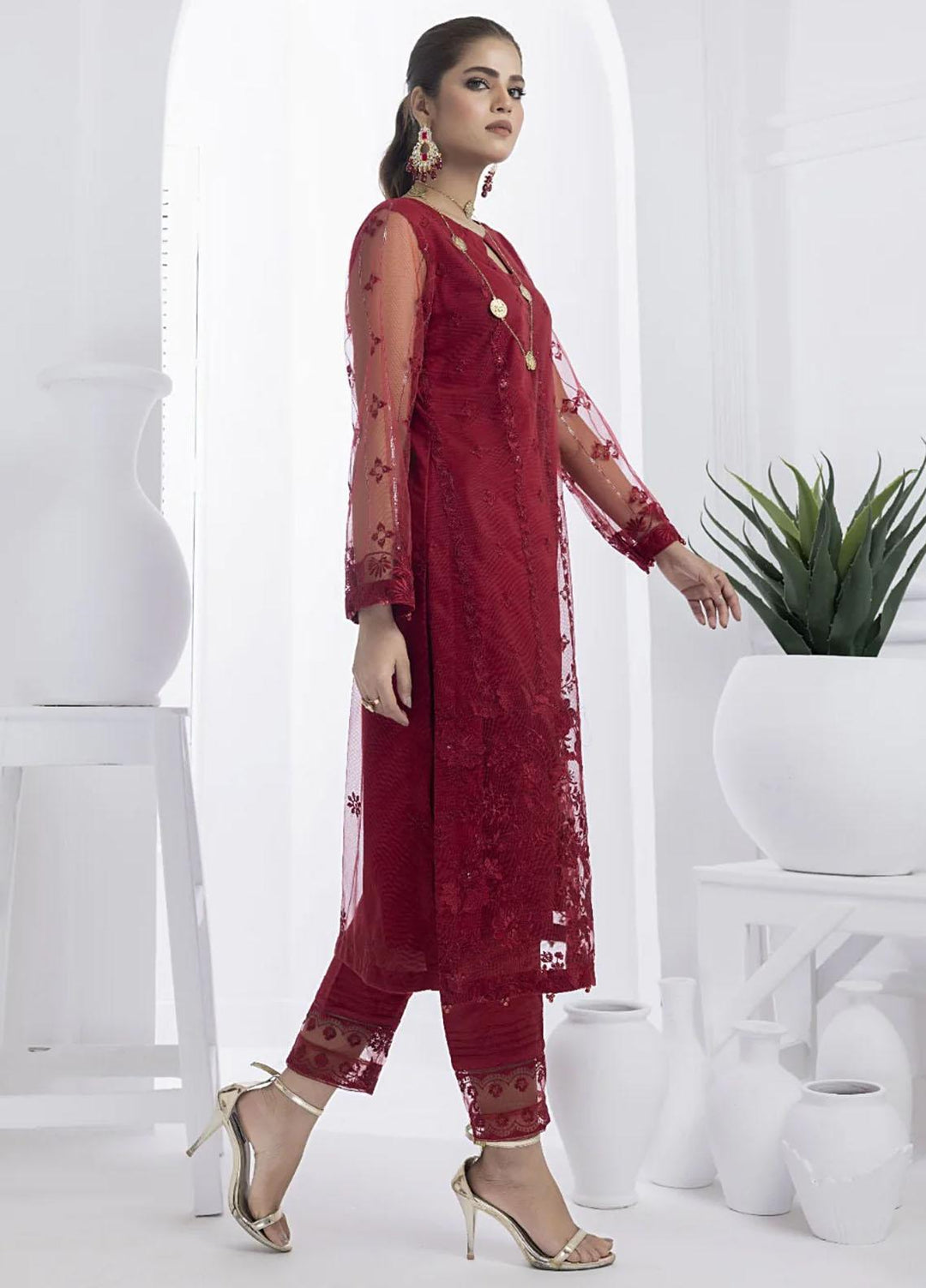 Cyanic Embroidered Net Suits Unstitched 2 Piece CYN23L Scarlet - Festive Collection