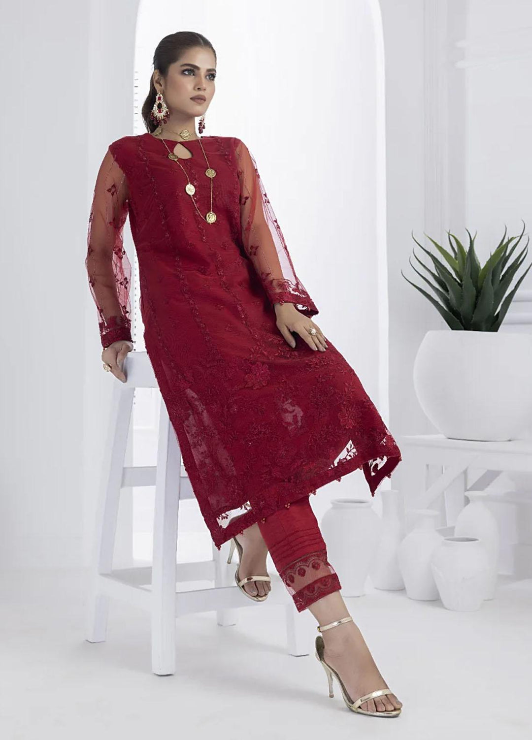 Cyanic Embroidered Net Suits Unstitched 2 Piece CYN23L Scarlet - Festive Collection