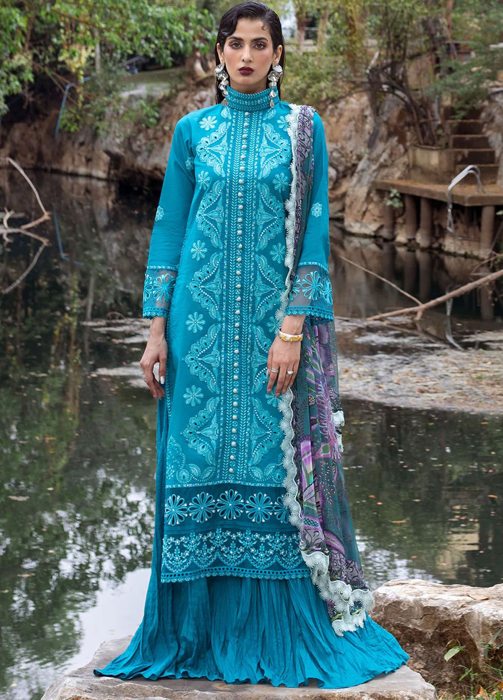 Dahlia by Roheenaz Embroidered Lawn Suits Unstitched 3 Piece RNZ24D D-01A Delphinium - Summer Collection