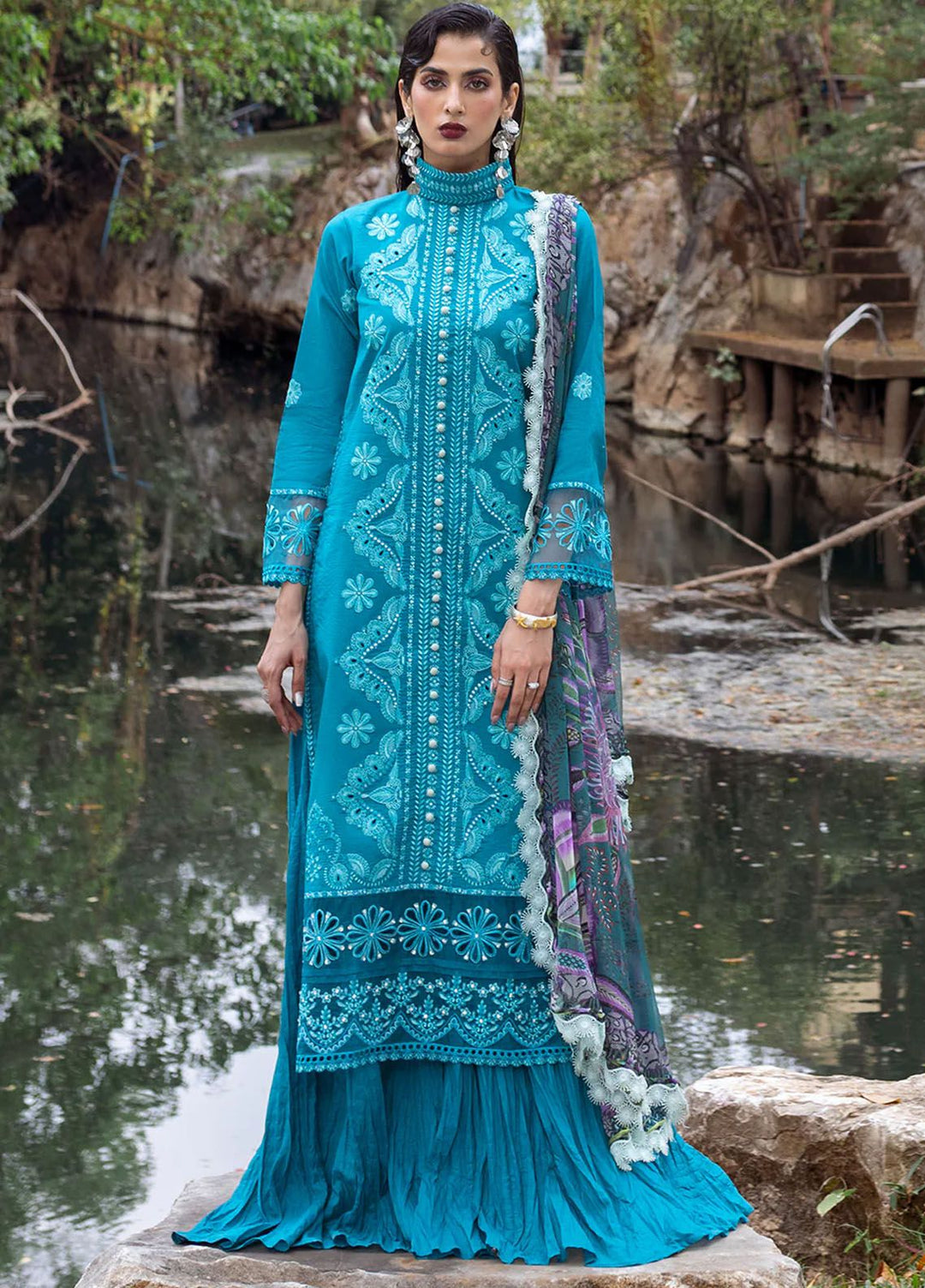 Dahlia by Roheenaz Embroidered Lawn Suits Unstitched 3 Piece RNZ24D D-01A Delphinium - Summer Collection