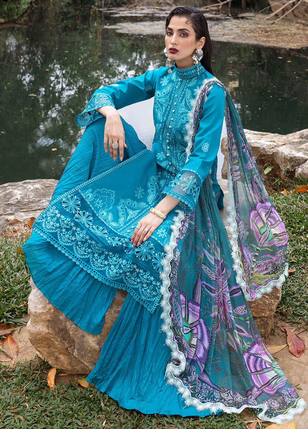 Dahlia by Roheenaz Embroidered Lawn Suits Unstitched 3 Piece RNZ24D D-01A Delphinium - Summer Collection