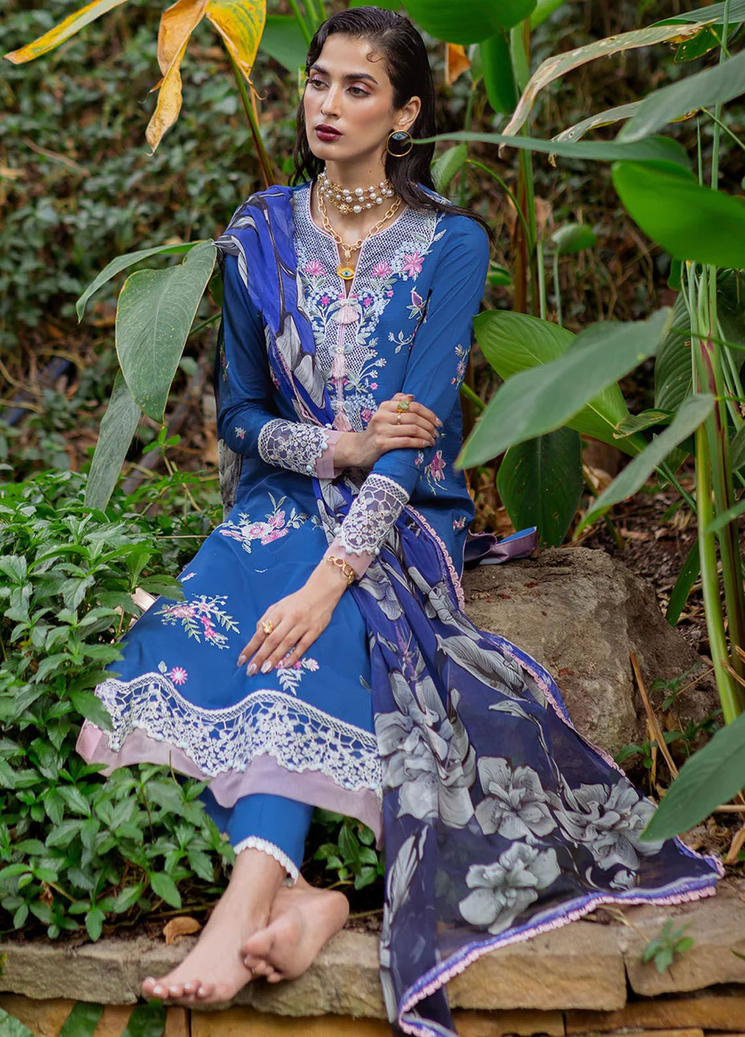 Dahlia by Roheenaz Embroidered Lawn Suits Unstitched 3 Piece RNZ24D D-07A Bluebell - Summer Collection