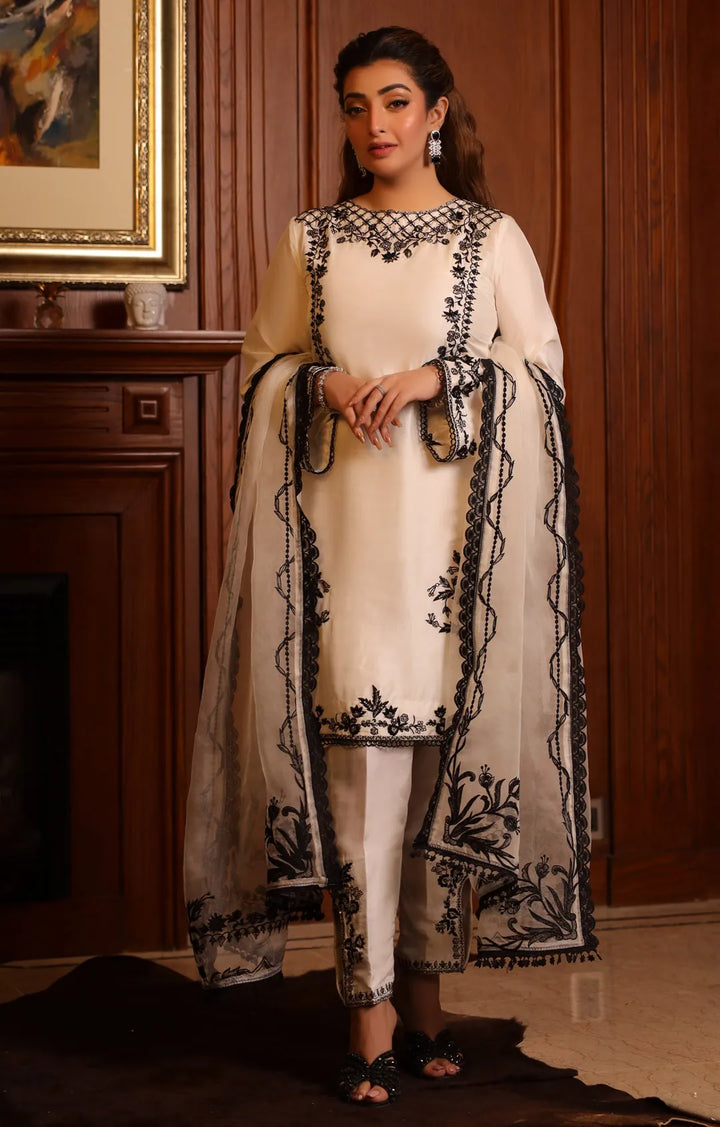 Nadia Khan Pret Embroidered Raw Silk 3 Piece Daisy White