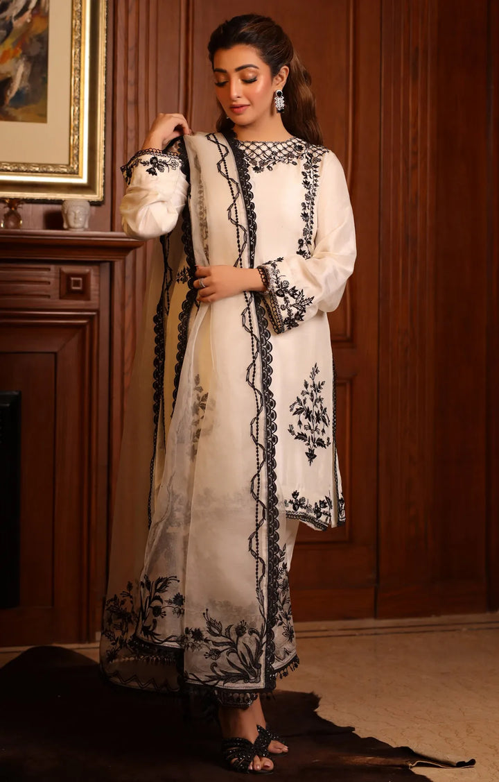 Nadia Khan Pret Embroidered Raw Silk 3 Piece Daisy White