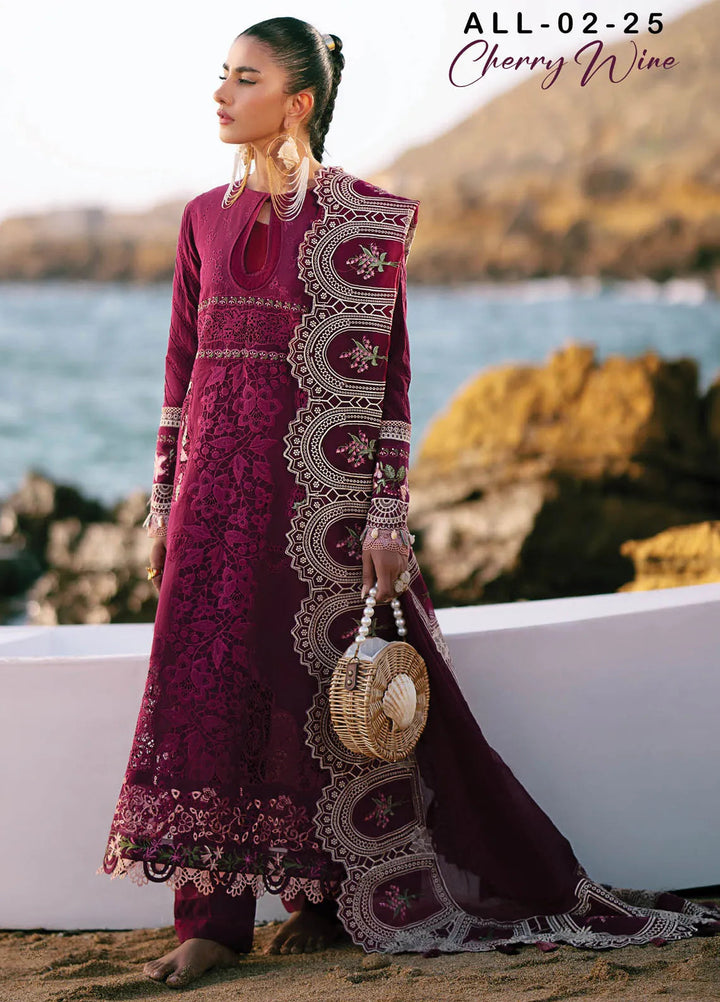 Dastan by AJR Embroidered Lawn Suits Unstitched 3 Piece AJR25D ALL-02 Cheery Wine - Luxury Collection