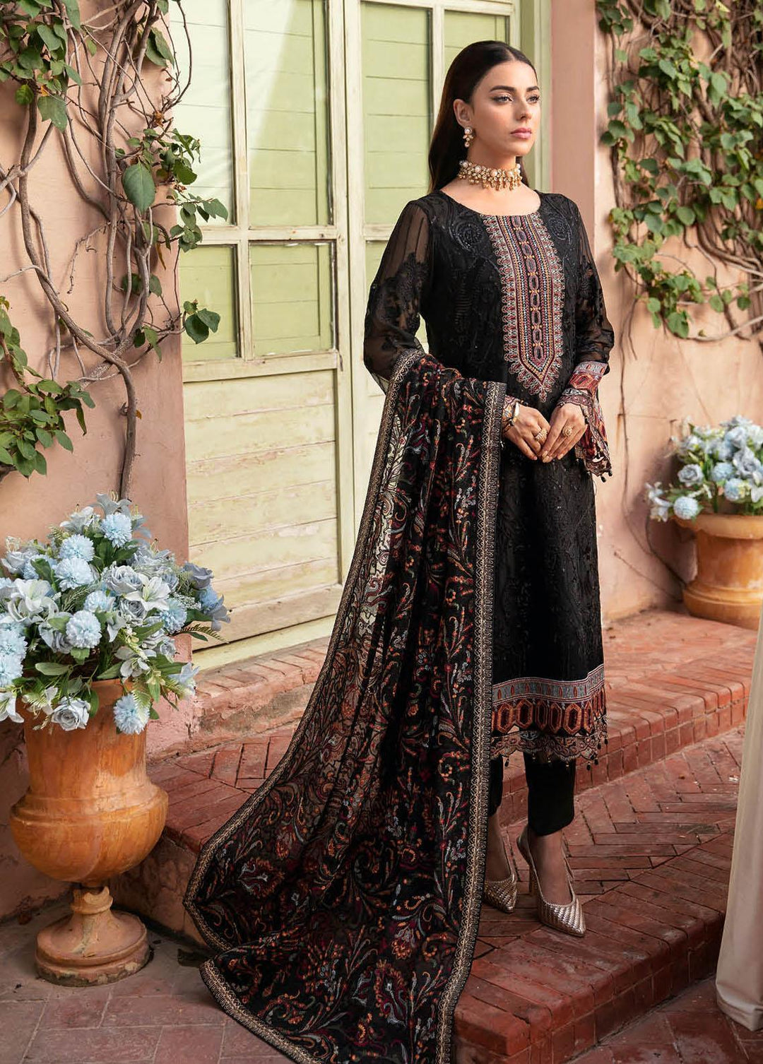 Dastan By Ramsha Embroidered Chiffon Suits Unstitched 3 Piece RSH23D T-102 - Luxury Collection