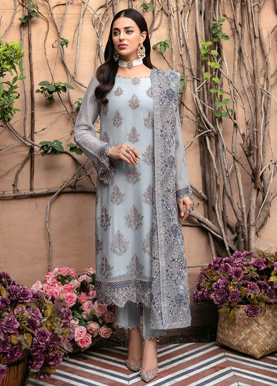 Dastan By Ramsha Embroidered Chiffon Suits Unstitched 3 Piece RSH23D T-103 - Luxury Collection