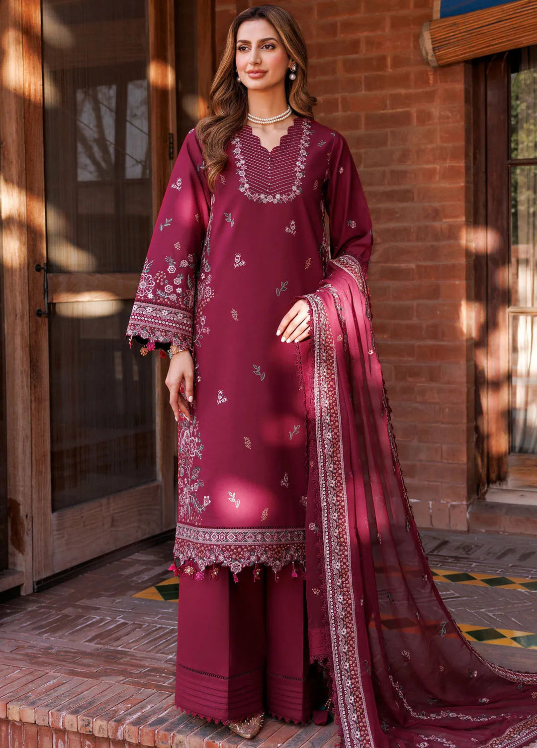 Dastoor By Farasha Embroidered Lawn Suit Unstitched 3 Piece FSH24E D1-Ruby Glam - Summer Collection