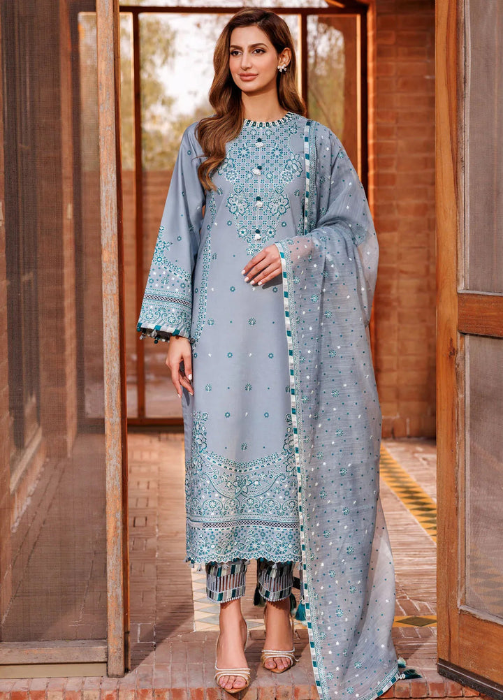 Dastoor By Farasha Embroidered Lawn Suit Unstitched 3 Piece FSH24E D4-Beryl Grey - Summer Collection